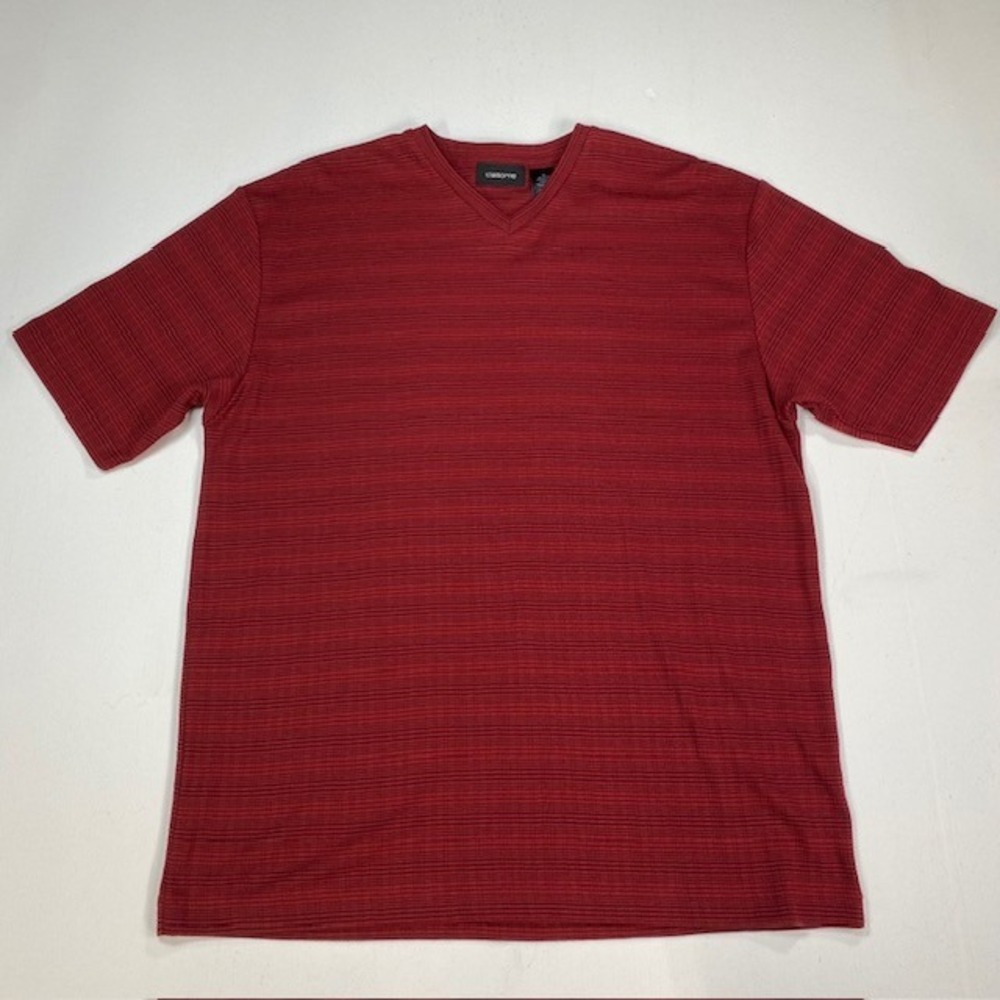 Claiborne Mens V-Neck Shirt‎ Medium Red Black Striped Textured Cotton Blend NEW
